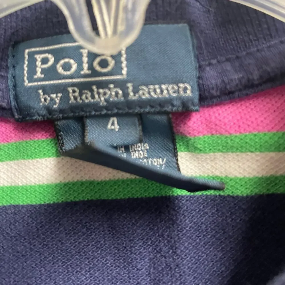 Ralph Lauren Polo Boys Size 4 Navy Pink Green Stripe Preppy Casual Yellow Pony